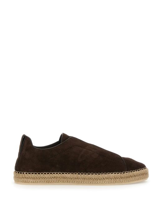 Zegna Brown Leather Espadrilles With Woven Jute Sole for men