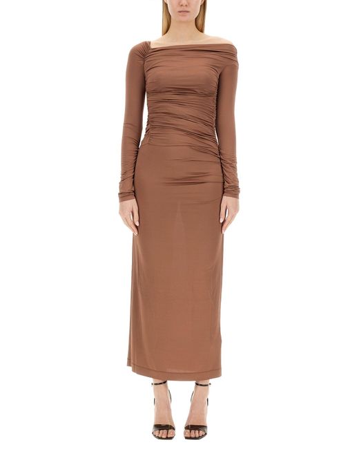 Helmut Lang Brown Off-Shoulder Midi Dress
