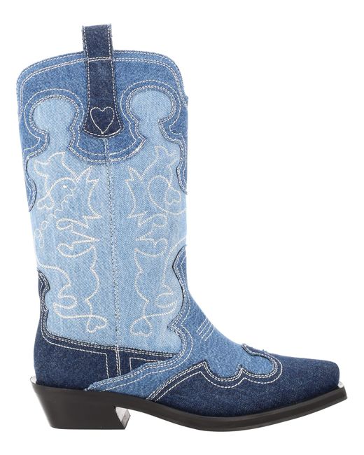 Ganni Blue Embroidered Western Boots