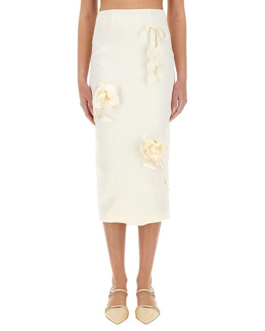 Self-Portrait White Satin Midi Skirt With 3D Flowers