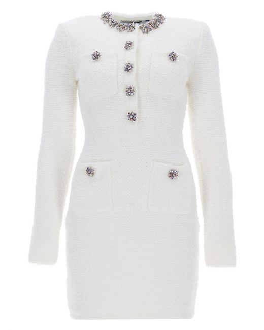 Self-Portrait White Crystal Trim Knit Mini Dress
