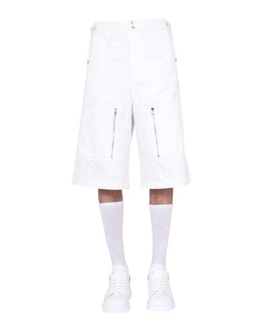 McQueen White Mini Gabardine Shorts With Snap Buttons for men