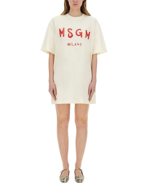 ワンピース Msgm Short Dress With Logo MSGM Short Dress With Logo in White | Lyst UK