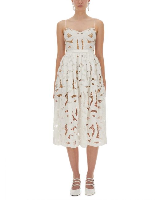 Self-Portrait White Embroidered Midi Dress With Spaghetti Straps
