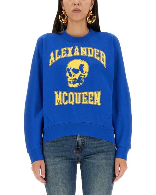 McQueen Blue Varsity Skull Logo Sweatshirt, Long Sleeves, , 100% Cotton