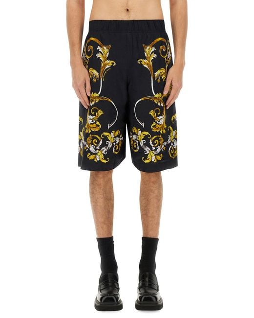 Versace Jeans Couture Black Shorts With Baroque Outline Print for men