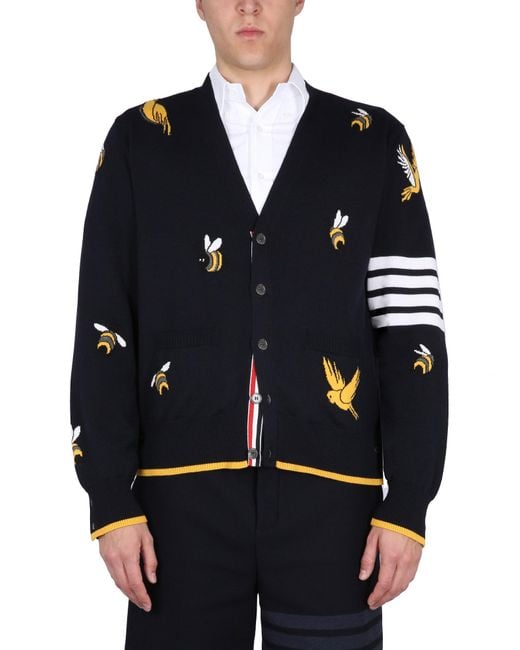 Cardigan Con Intarsi Birds And Bees di Thom Browne in Blue da Uomo