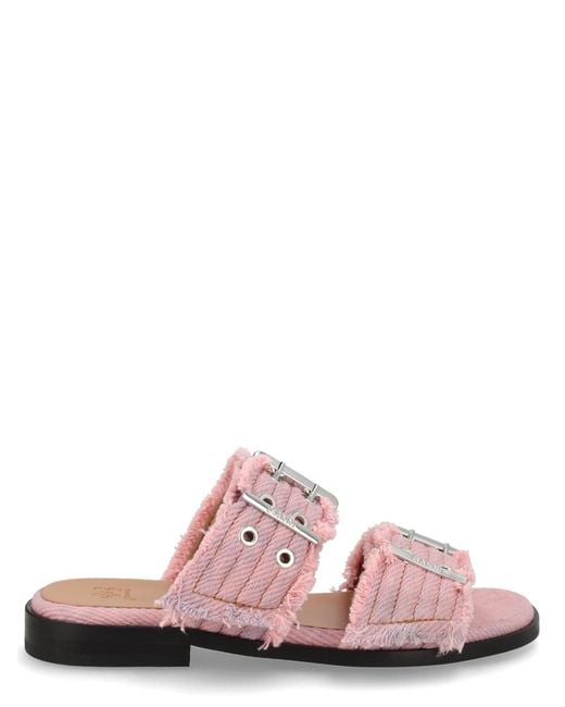 Ganni Pink 'Feminine Buckle Fringed Denim' Sandals