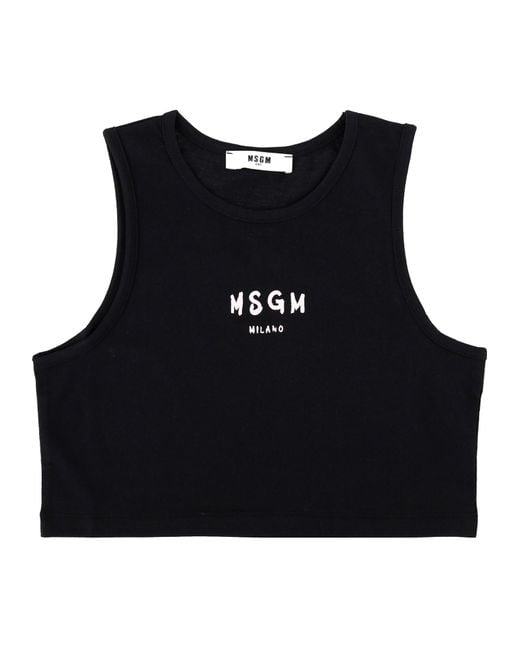 MSGM Black Top Cropped Con Logo Stampato