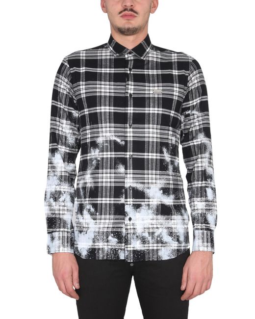 Philipp Plein Gray Tartan Pattern Shirt for men