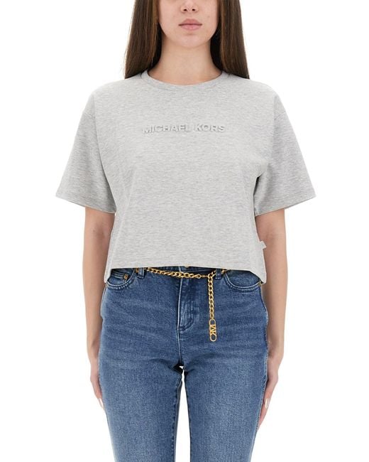 MICHAEL Michael Kors Blue Cropped T-Shirt With Embossed Logo