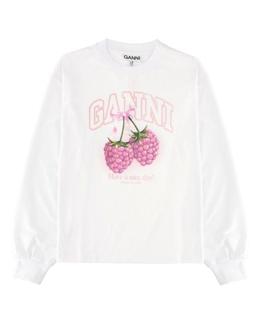 Ganni White Long-Sleeve Graphic T-Shirt