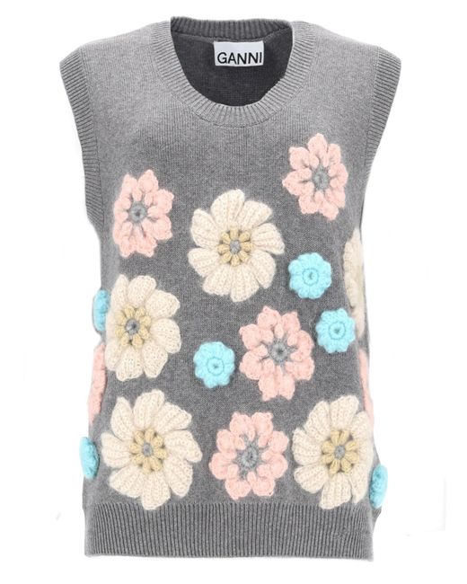 Ganni Gray Gilet Con Applicazioni Floreali