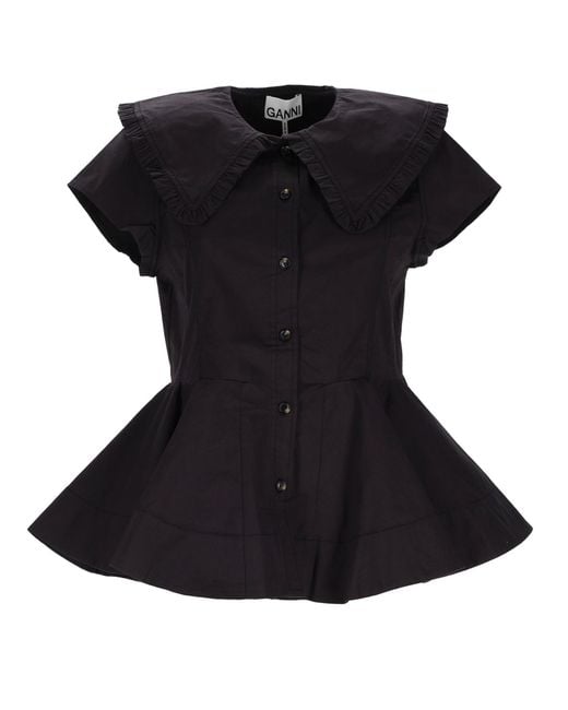 Ganni Black Solid Shirt Collar Top
