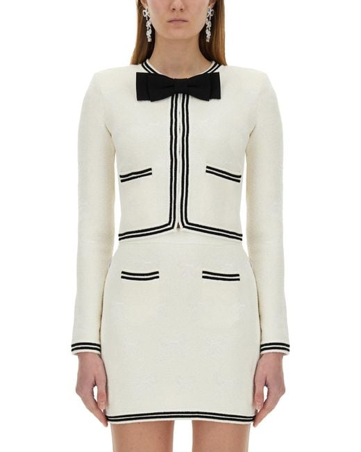 Self-Portrait White Jacquard Cardigan With Bow