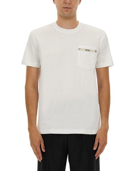 Moschino White Crew Neck T-Shirt With Logo Ribbon Detail for men