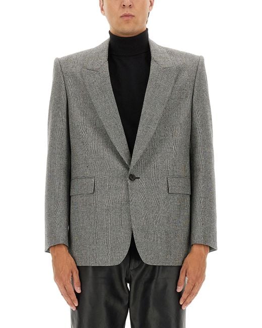 Saint Laurent Gray Prince Of Wales Wool Single-breasted Blazer for men