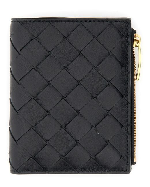 Bottega Veneta Black Leather Bi-fold Wallet With Zipper Small