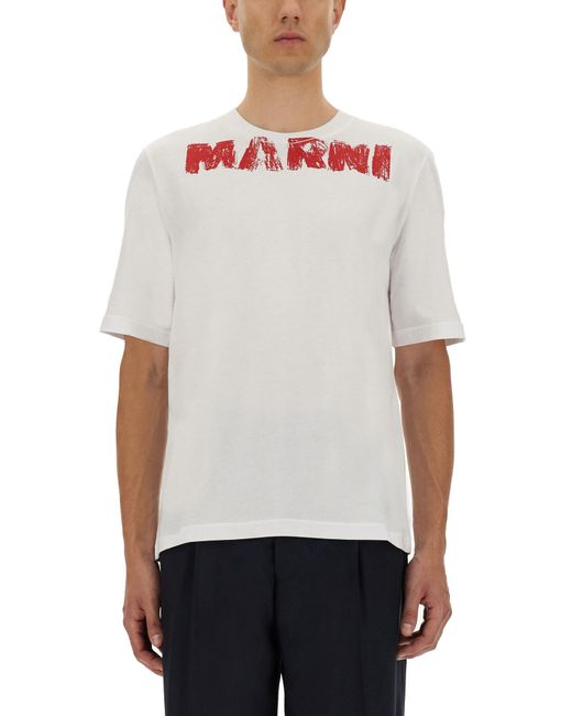 Marni White Cotton T-Shirt With Maxi Print for men