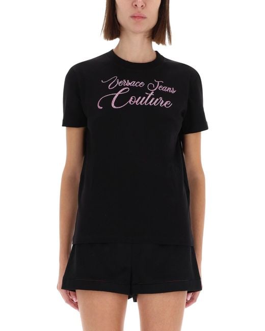 Versace Jeans Couture Black T-Shirt With Logo And Rhinestones