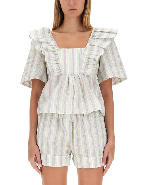 Ganni White Ruffle Blouse