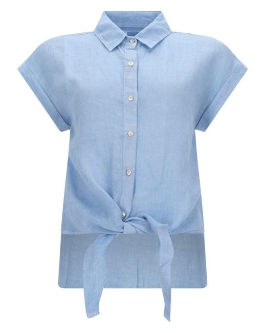 120% Lino Blue Camicia Con Nodo