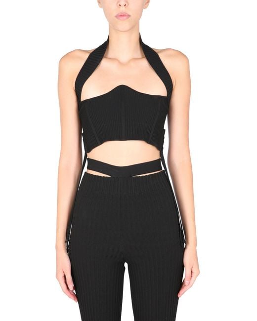 ANDREADAMO Black Ribbed Viscose Blend Bustier With Criss Cross Detail