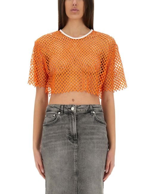 Moschino Orange Cropped Mesh Top With Contrasting Neckline
