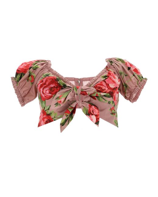Dolce & Gabbana Red Rose Bouquet-Print Cotton Top