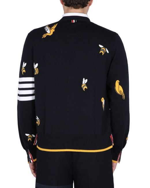 Cardigan Con Intarsi Birds And Bees di Thom Browne in Blue da Uomo