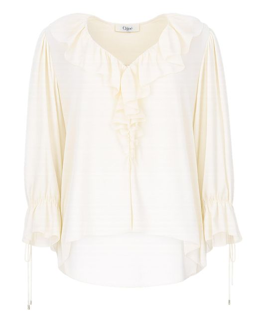 Chloé White Top Con Volant E Scollo A V