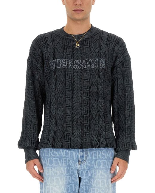 Versace Black Slim Fit Knit With Greek Braid Work for men