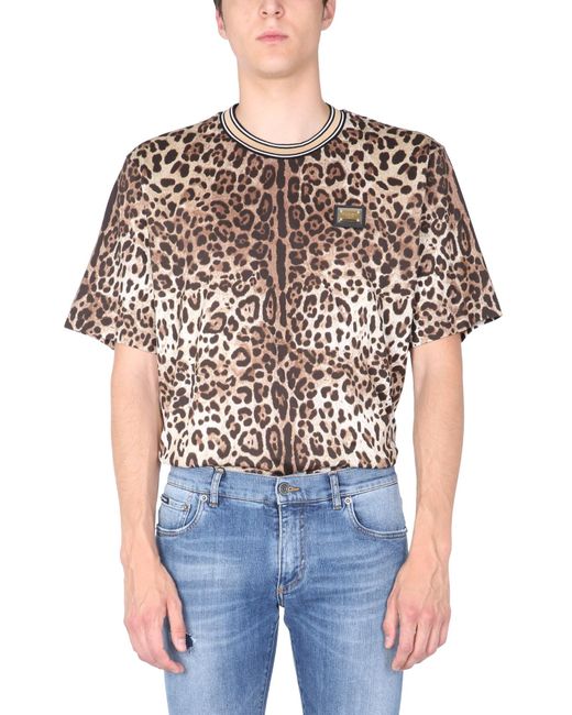 T-SHIRT GIROCOLLO IN COTONE CON STAMPA LEOPARDATA E PLACCA LOGATADolce \u0026  Gabbana in Cotone da Uomo - Lyst