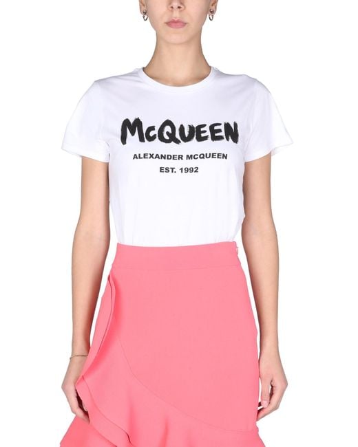 Alexander McQueen White Cotton Jersey T-shirt With Graffiti Logo Print