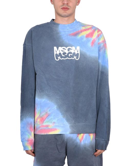 MSGM Blue Logo Print Tie Dye Sweatshirt for men