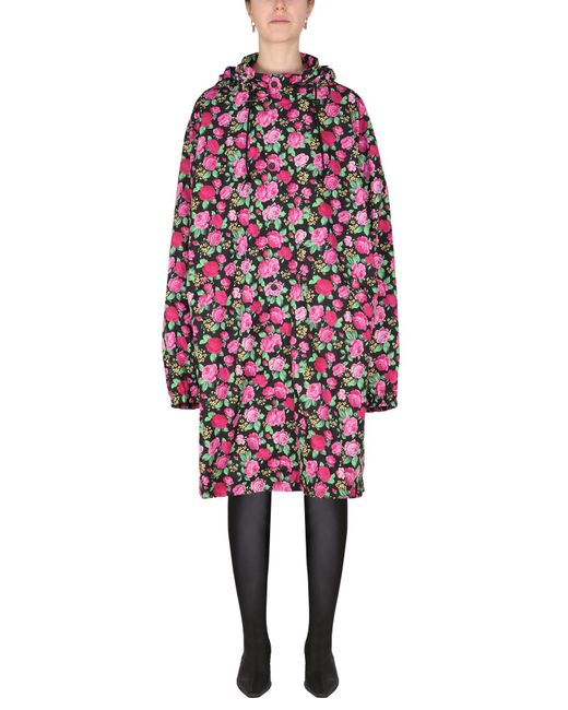 Balenciaga Red Floral-Print Hooded Raincoat
