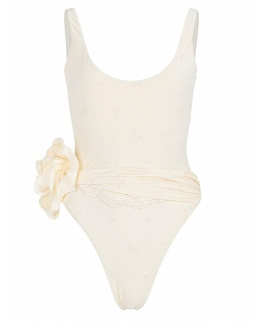 Magda Butrym White Costume Da Bagno Intero Con Rose Ricamate