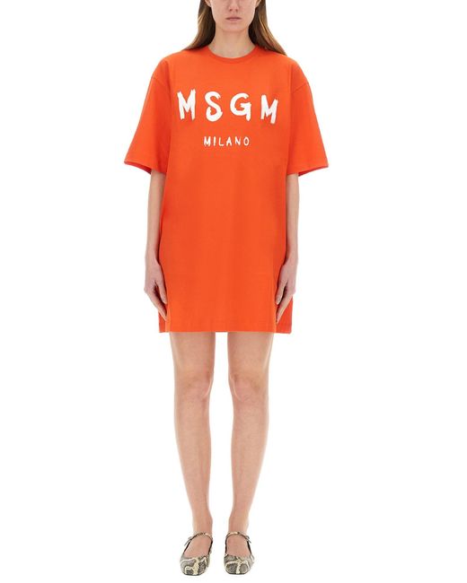 MSGM Orange Short Dress With Logo