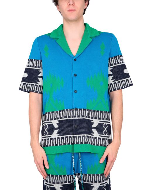 Alanui Blue Jacquard Shirt With Bowling Collar for men