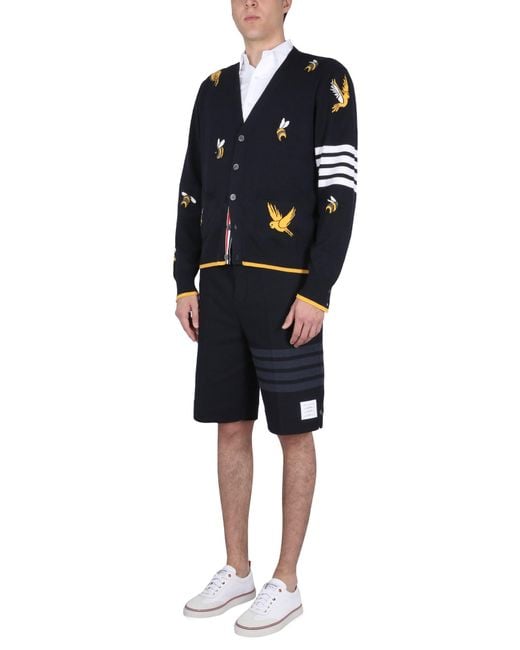 Cardigan Con Intarsi Birds And Bees di Thom Browne in Blue da Uomo