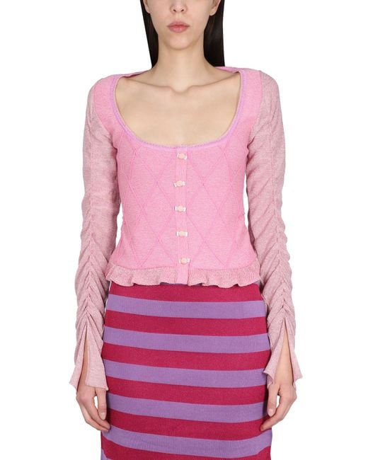 Cormio Pink Wool Ruffled Sleeve Cardigan
