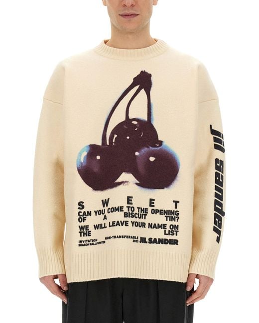 Jil Sander Natural Playful Wool Knit Sweater With Cherry Embroidery for men