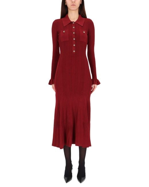 Self-Portrait Red Ribbed Knit Midi Dress