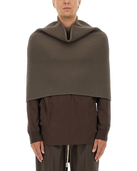 Rick Owens Brown Ribbed Knitted Cape With Structured Collar for men