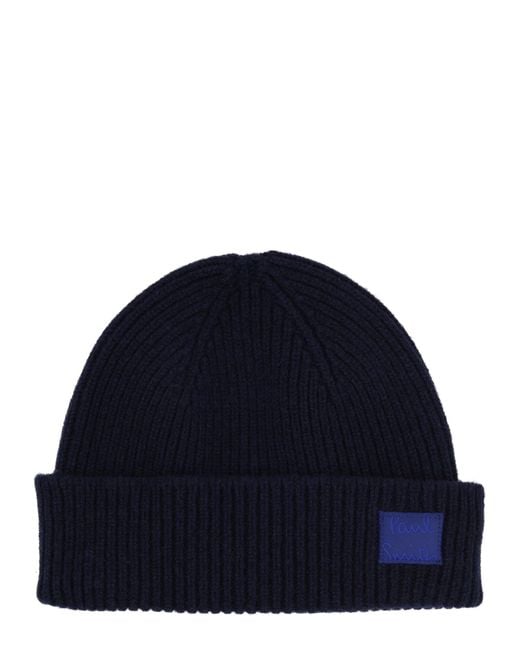 Paul Smith Blue Berretto A Coste Con Patch Logo for men