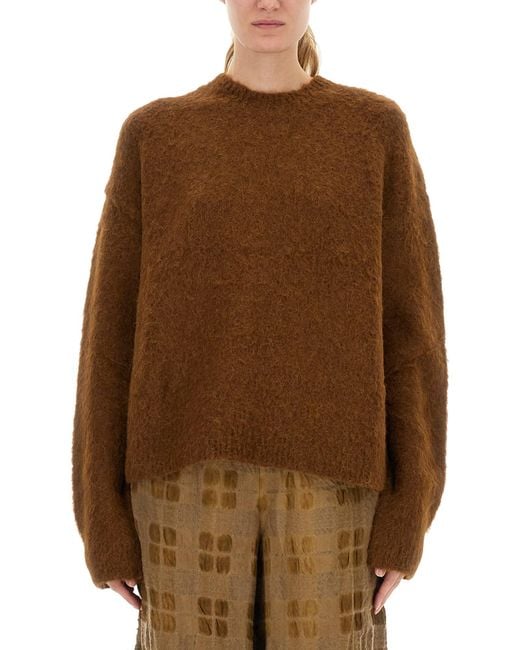 Uma Wang Brown Fuzzy Texture Wool Blend Sweater With Crew Neckline