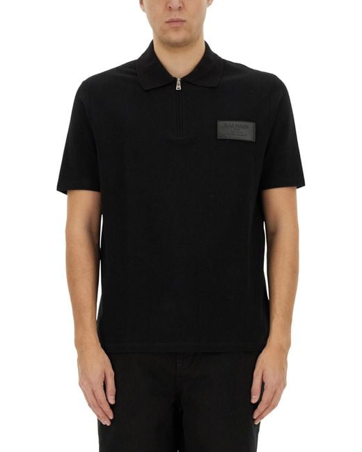 Balmain Black Polo Shirt With Zippered Collar for men
