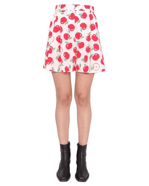 Boutique Moschino Red Cotton Poplin Shorts With Apple Print