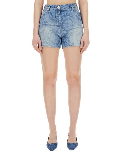 Versace Blue High-Rise Straight-Leg Denim Shorts