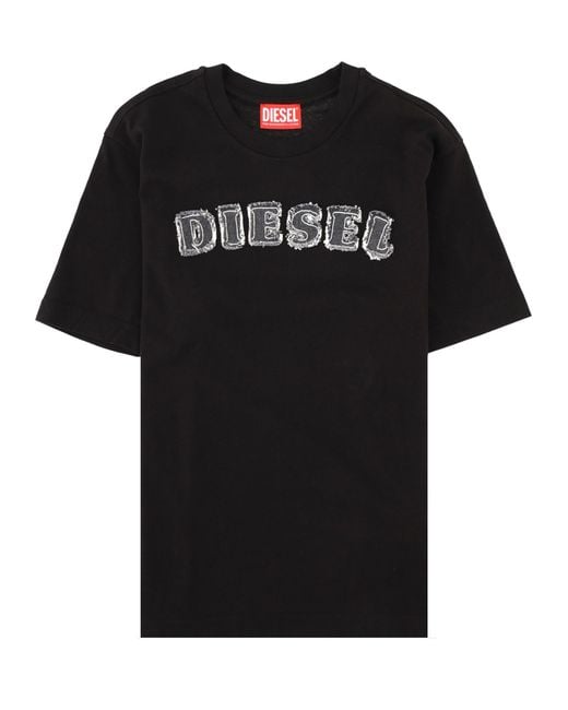 DIESEL Black T-Shirt Con Logo Effetto Sfrangiato